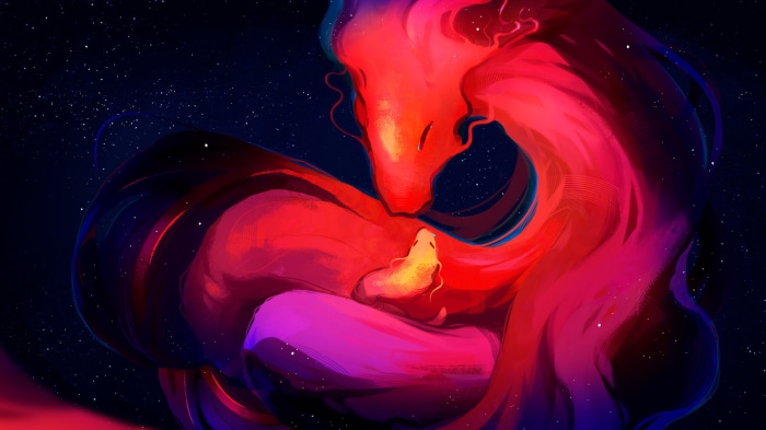 A large red dragon embraces a small yellow creature