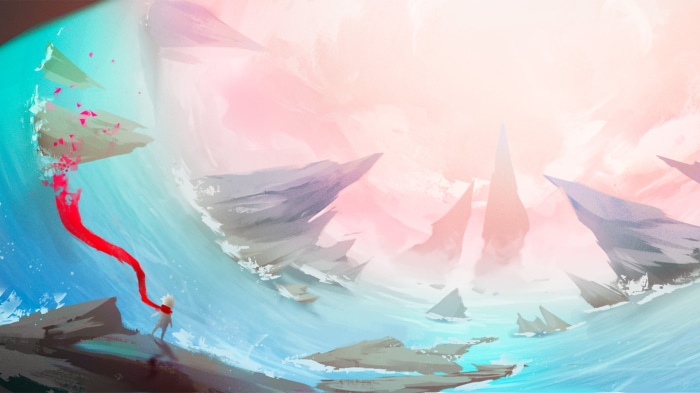 Girl with red scarf in a surreal landscape