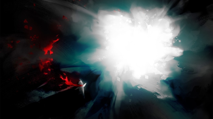 A figure in a white scarf in a dark, abstract environment