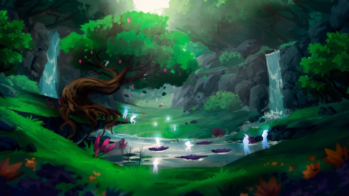 Magical forest with glowing spirits and waterfalls