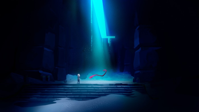 Girl and red scarf in a dark chamber with blue light
