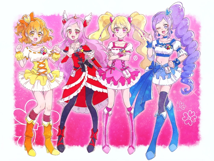 Four Pretty Cure characters in colorful outfits
