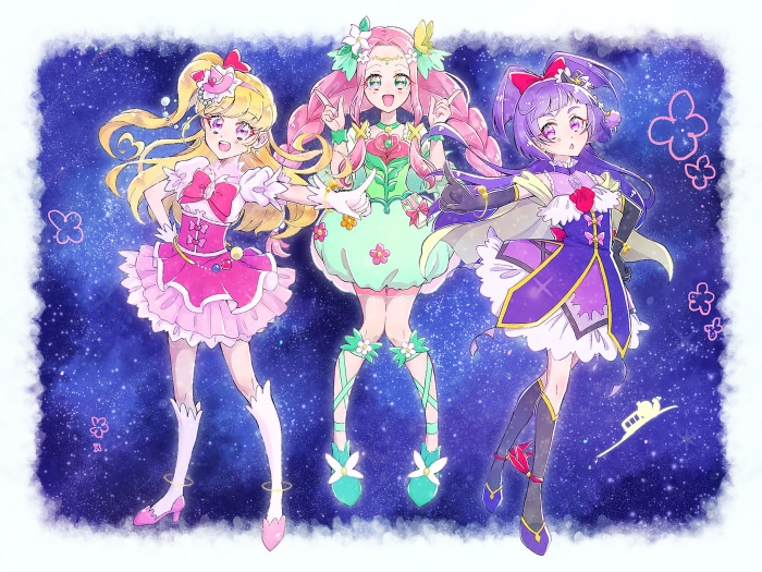 Three magical girls from Witchy PreCure! in a starry background
