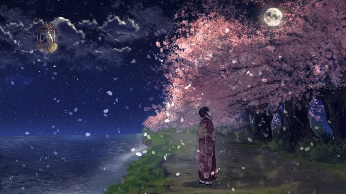 Girl in Kimono under Cherry Blossoms at Night