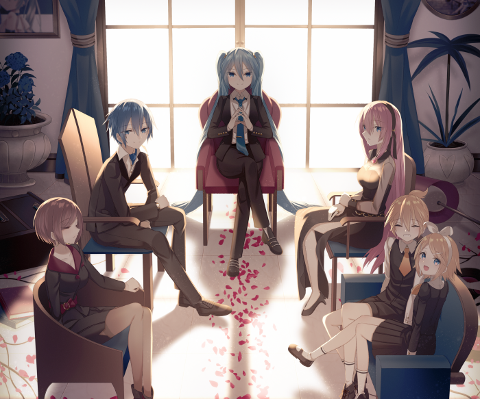 Vocaloid characters in formal attire in a room