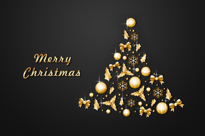 Merry Christmas golden ornaments on black background
