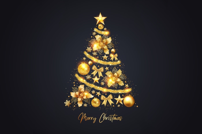 Golden Christmas Tree with Merry Christmas Text
