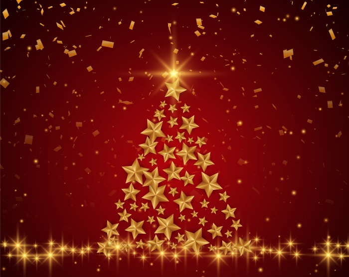Christmas Tree made of golden stars with confetti