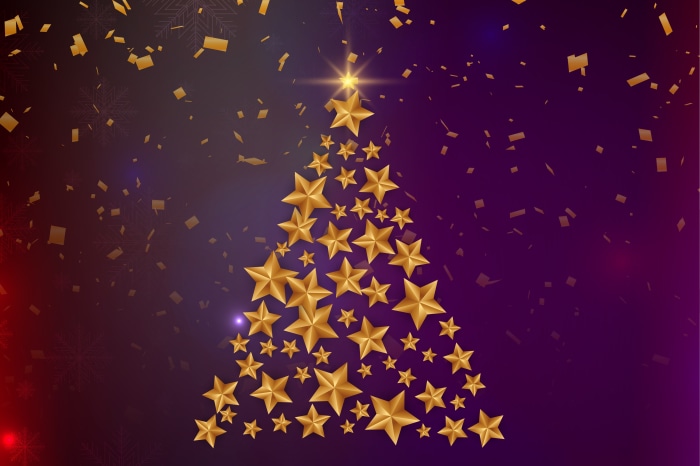 Christmas Tree made of golden stars with confetti