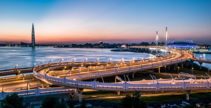 Cable-stayed bridge and Lakhta Center in Saint Petersburg at dusk