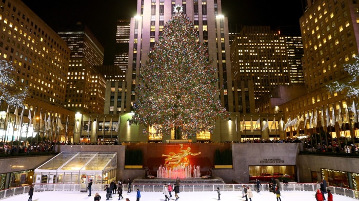 Rockefeller Center Christmas Tree and Ice Rink at Night