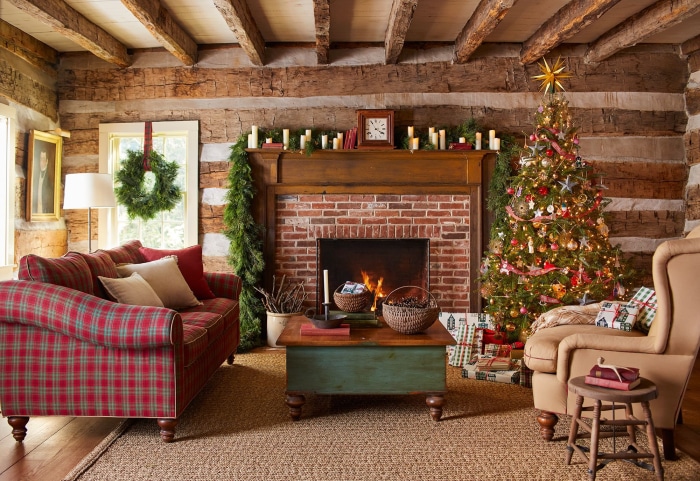 Rustic Log Cabin Living Room Decorated for Christmas