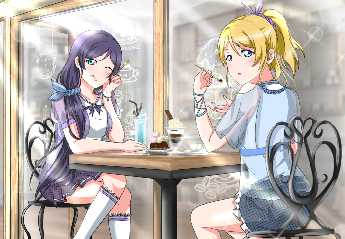 Nozomi Tojo and Eri Ayase from Love Live! at a cafe