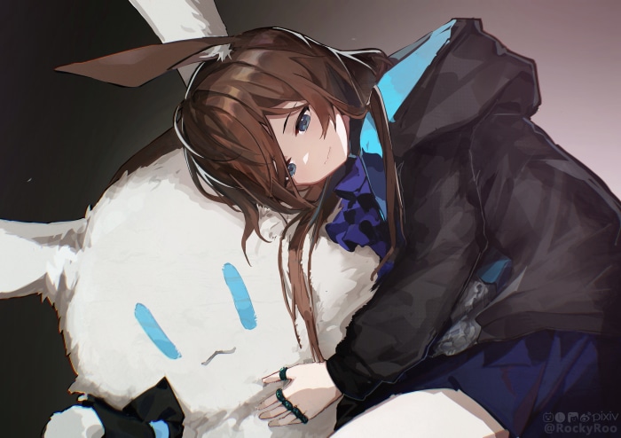 Amiya from Arknights hugging a plush toy