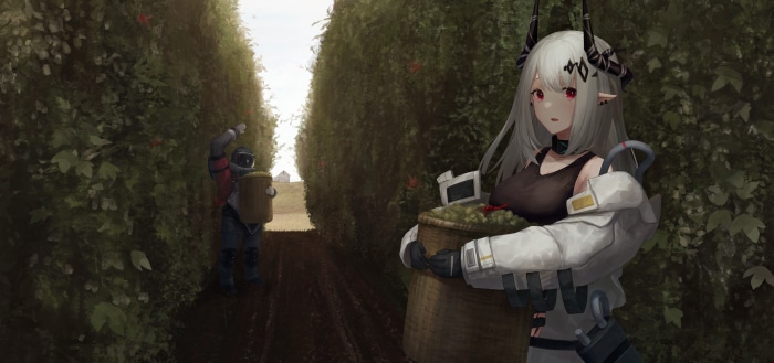 Mudrock from Arknights harvesting in a field