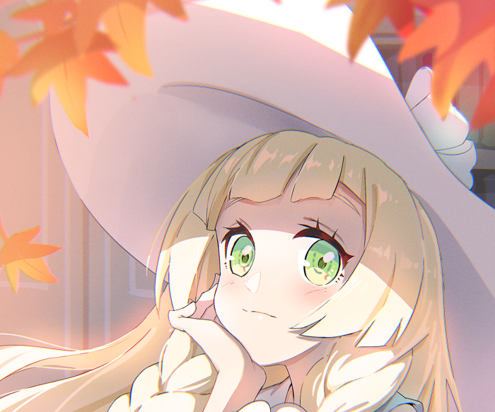 Lillie from Pokémon wearing a large hat
