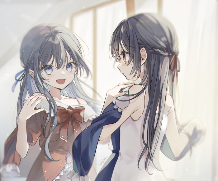 Two anime girls with long hair