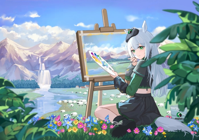 Anime girl painting a landscape with sheep and mountains