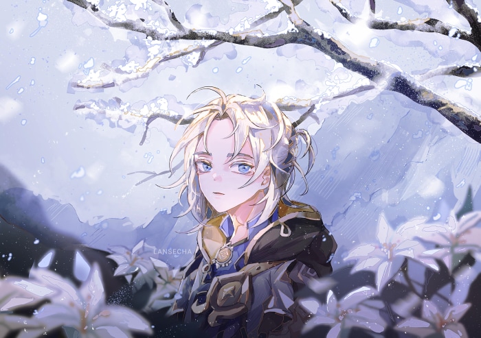 Albedo from Genshin Impact in a snowy landscape