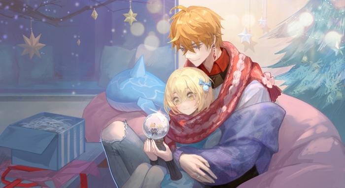Tartaglia and Lumine from Genshin Impact celebrating Christmas
