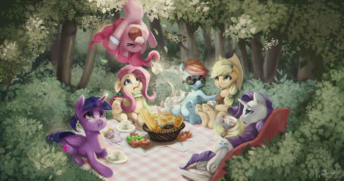 My Little Pony characters having a picnic in the forest