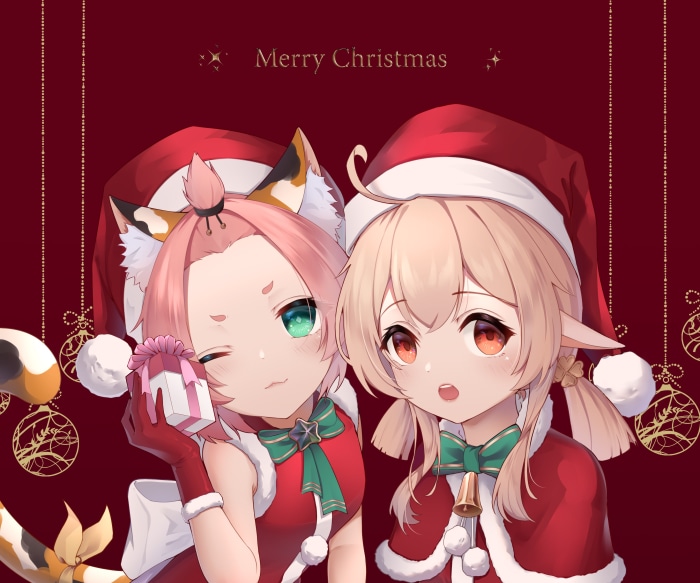 Diona and Klee from Genshin Impact in Christmas outfits