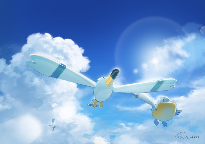 Pelipper and Wingull from Pokémon flying in the sky