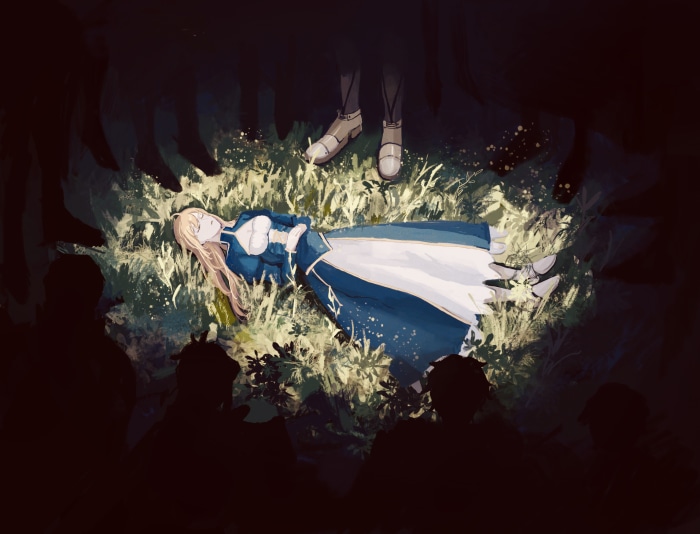 Saber from Fate/Stay Night lying in grass