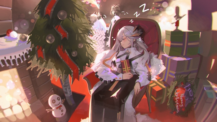 Saria from Arknights sleeping by a Christmas tree
