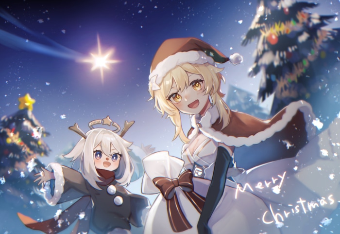 Lumine and Paimon from Genshin Impact celebrating Christmas
