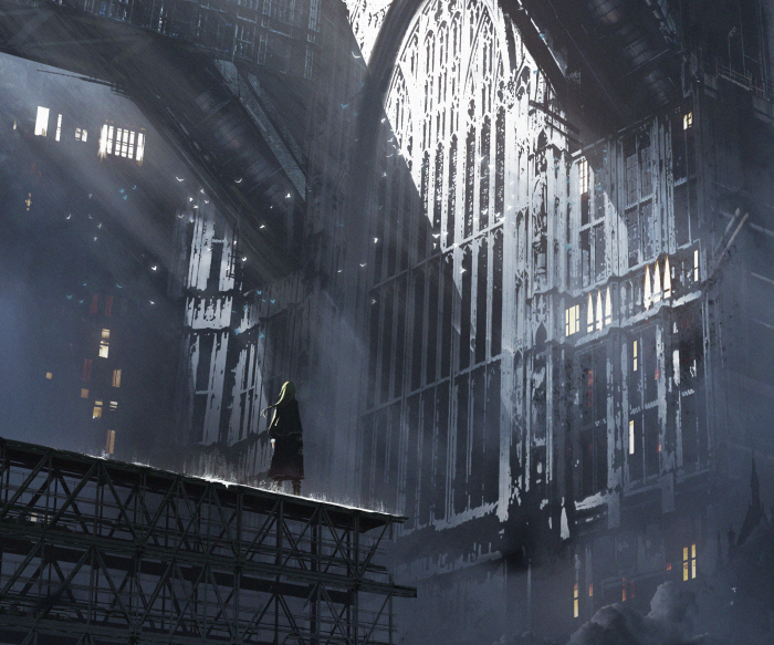 Girl standing on scaffolding in a gothic cathedral