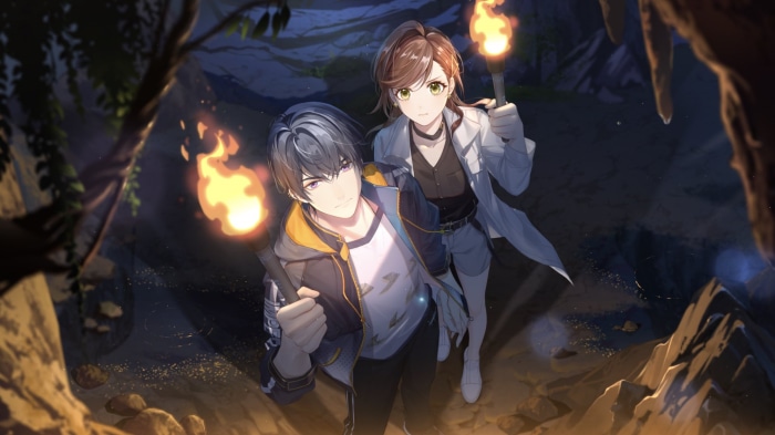 Rosa and Izumi Kei exploring a cave with torches