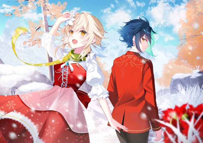 Lumine and Xiao from Genshin Impact in winter
