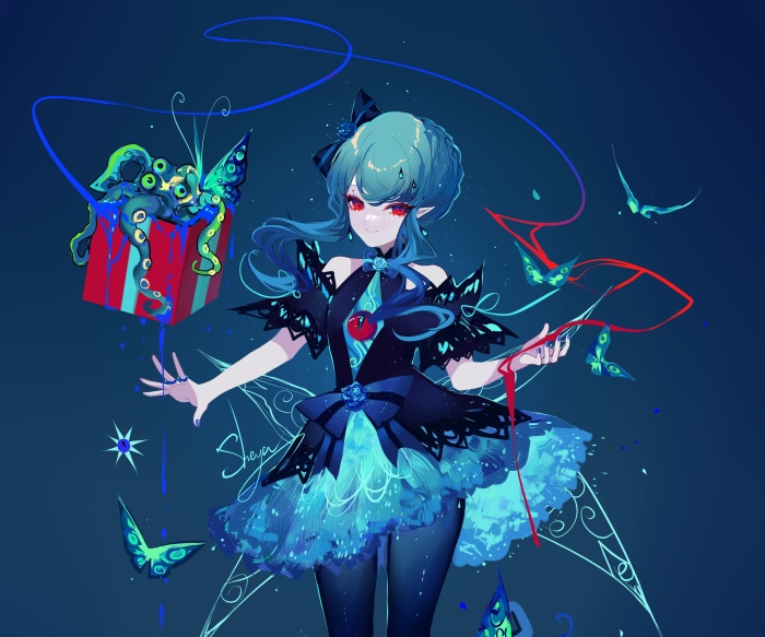 Girl with blue hair and a gift box