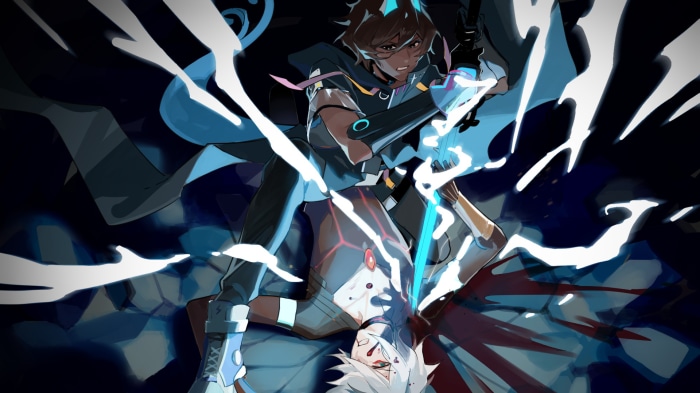 Two male anime characters fighting with glowing swords