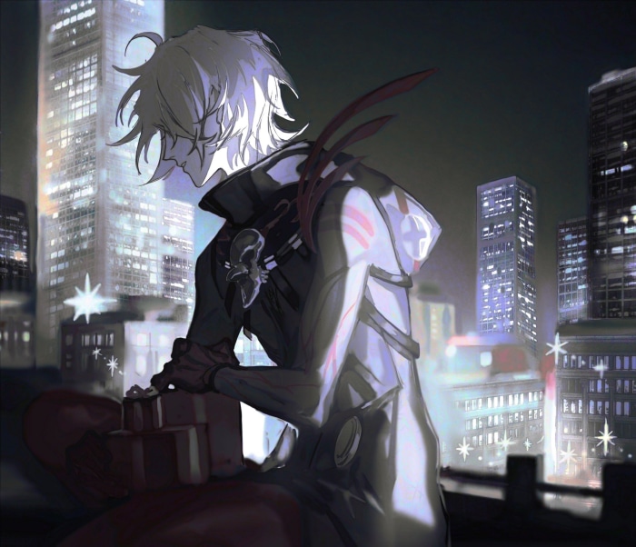 Karna from Fate/Grand Order in a city at night