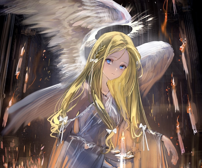 Angel with blonde hair and blue eyes holding a candle