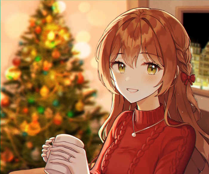 Anime girl in red sweater holding mug by Christmas tree
