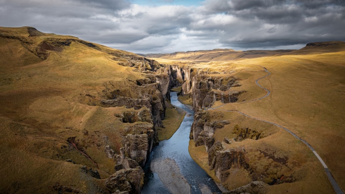 Canyon in Iceland with River and Road
