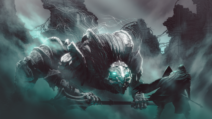Giant armored creature and warrior in ruins 4K