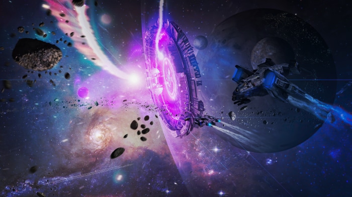 Spaceship near a glowing portal in space