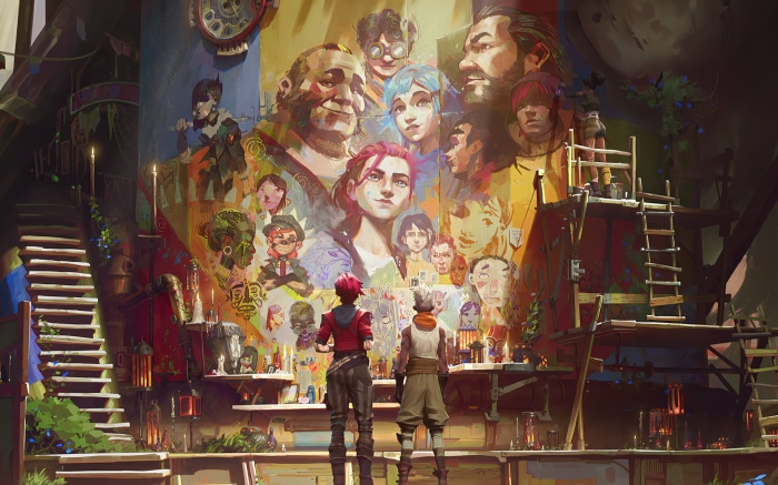Ekko and Vi from Arcane in front of a mural