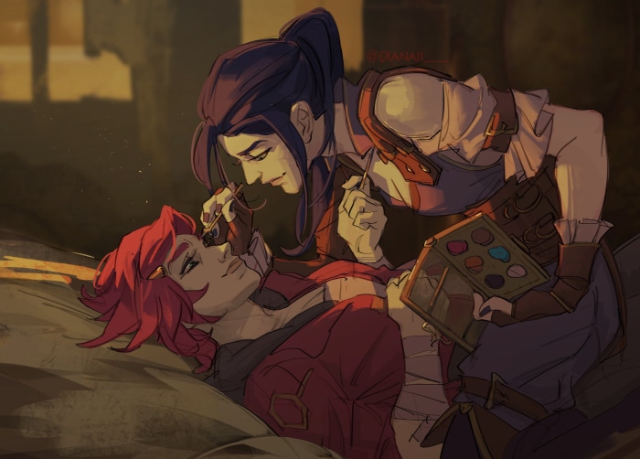 Caitlyn applying makeup to Vi from Arcane