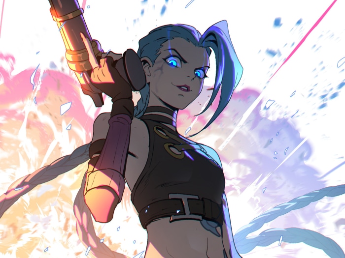 Jinx from League of Legends holding a weapon