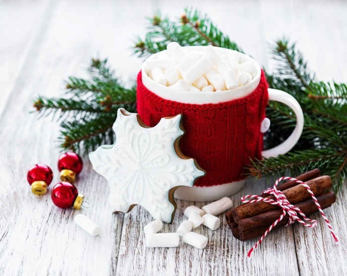 Hot chocolate with marshmallows and Christmas decorations