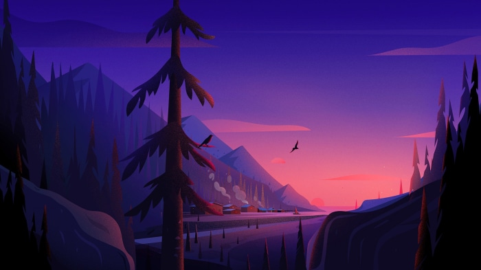 Mountain village at sunset with birds