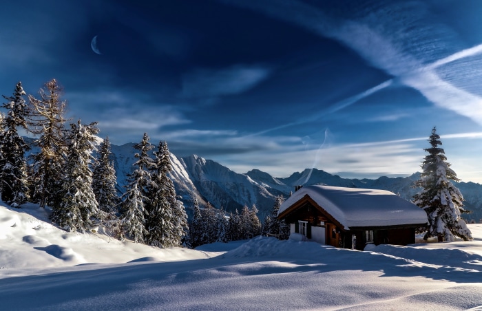 Winter Cabin in Snowy Mountains 4K