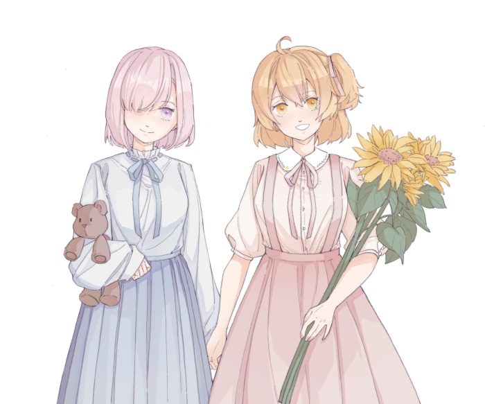 Two girls with a teddy bear and sunflowers