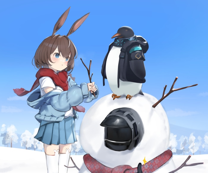 Girl building a snowman with a penguin in Arknights