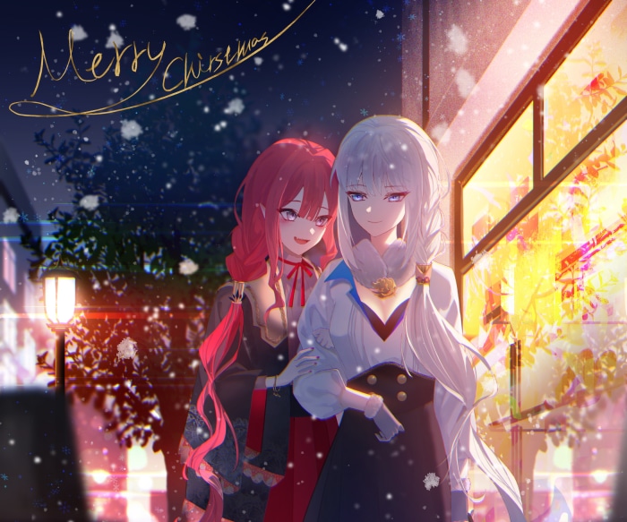 Merry Christmas illustration with two anime girls